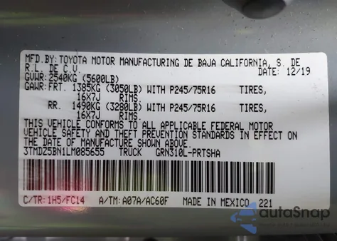 2020 Toyota Tacoma Trd Sport из США, поврежденный, VIN 3TMDZ5BN1LM085655